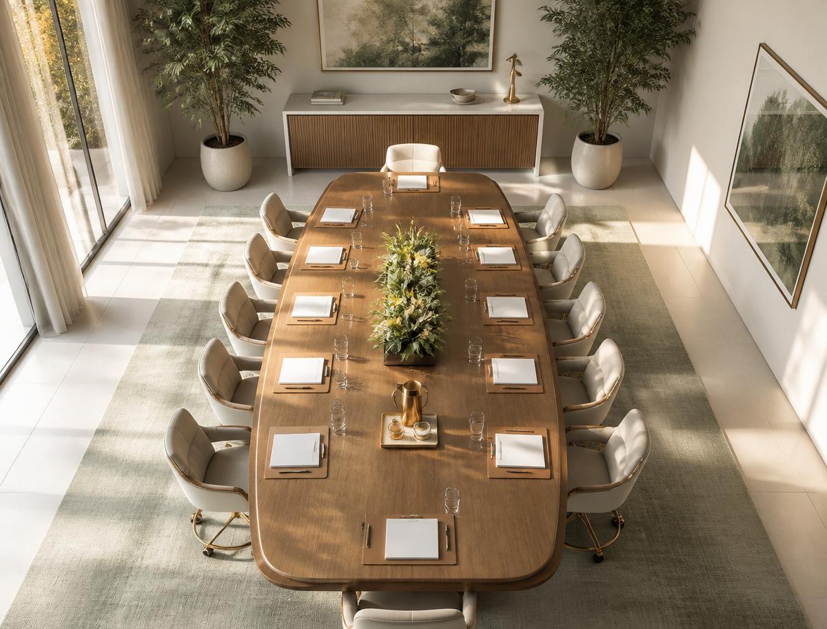 Spotless conference room bathed in warm morning light