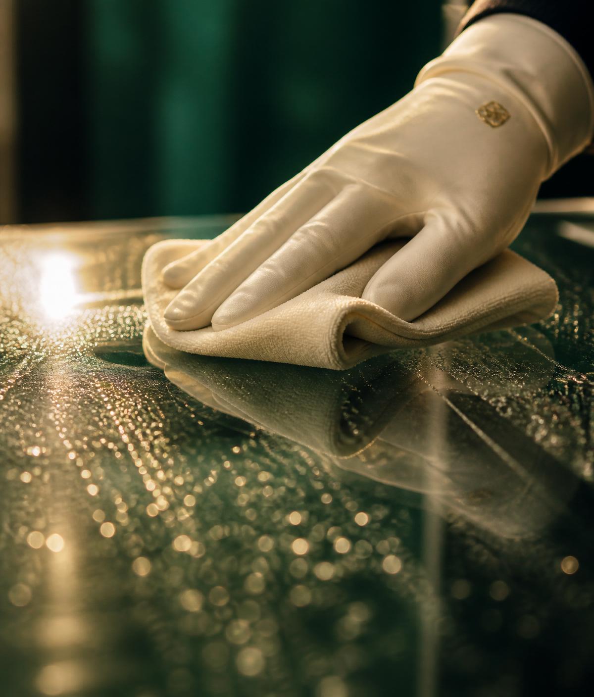 Gloved hand polishing a glass surface to a sparkling finish