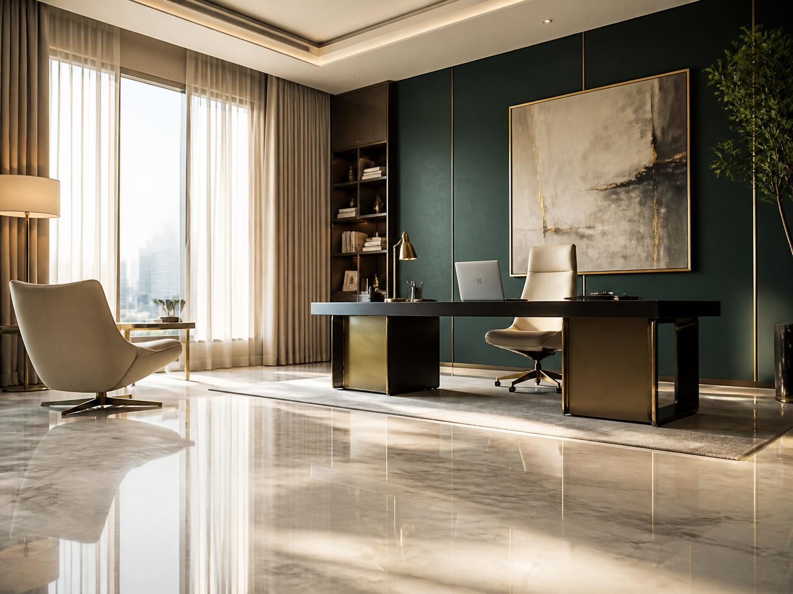 Immaculately clean modern office interior with polished marble floors and soft morning light