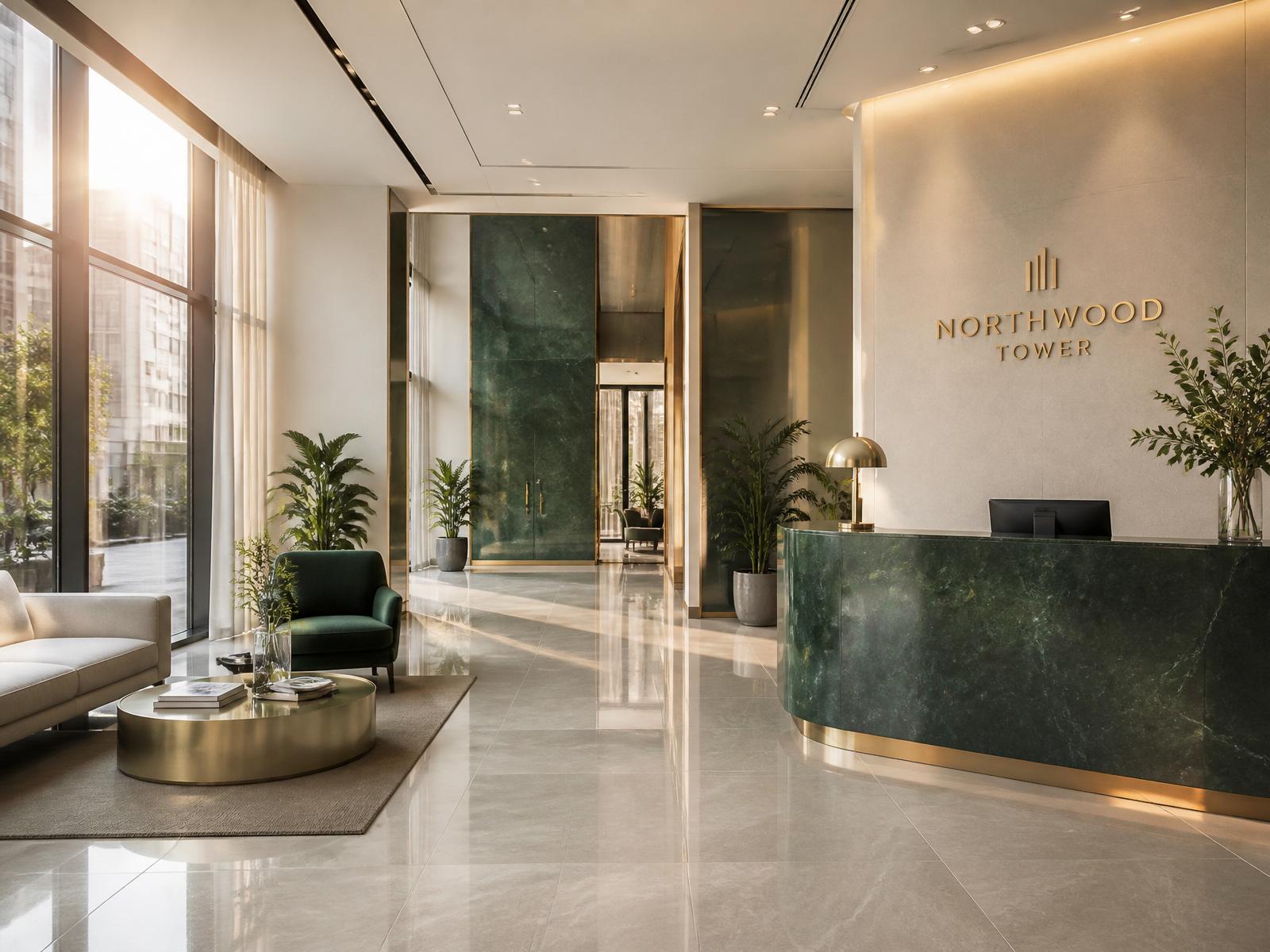 Immaculate modern office lobby with polished tile floor